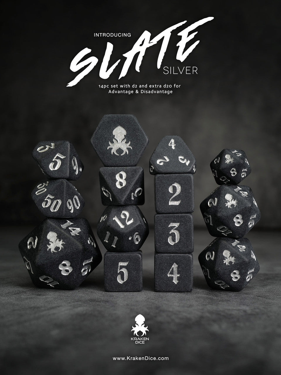 Slate: Silver 14pc TTRPG Silver Ink Matte Dice Set